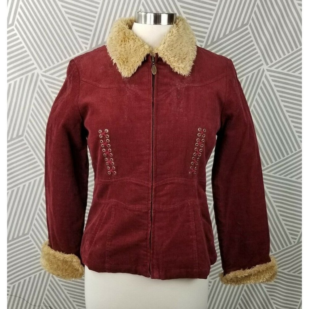 Vintage Mudd Pinwale Corduroy Coat Jacket Size Small Winter Zip lace up Fur
